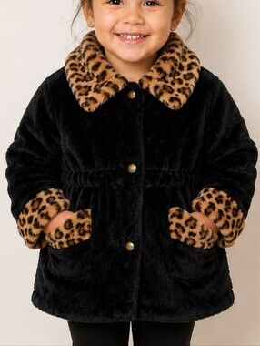Milton FunWear Girls Leopard Trim Black Faux Fur Coat Jacket Size 3X